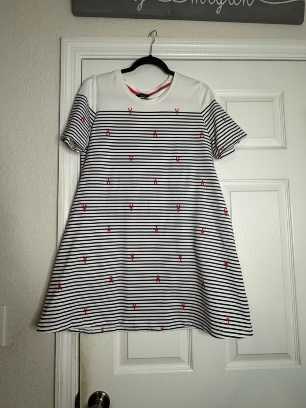Joules Navy & White Striped Dress with Red Embroidery